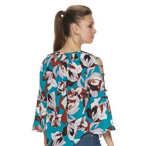 Jennifer Lopez Women's Turquoise Floral Bar Bell Sleeve‎ Peasant Top Sz M